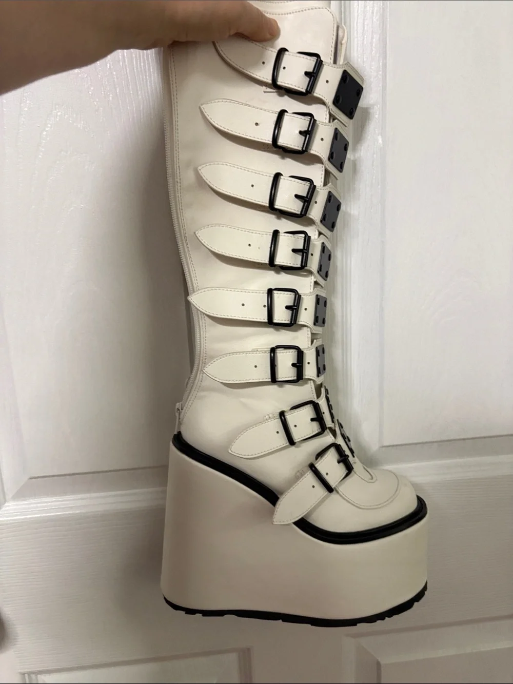 Demonia White Knee-High Platform Buckle Boots size 6 Goth